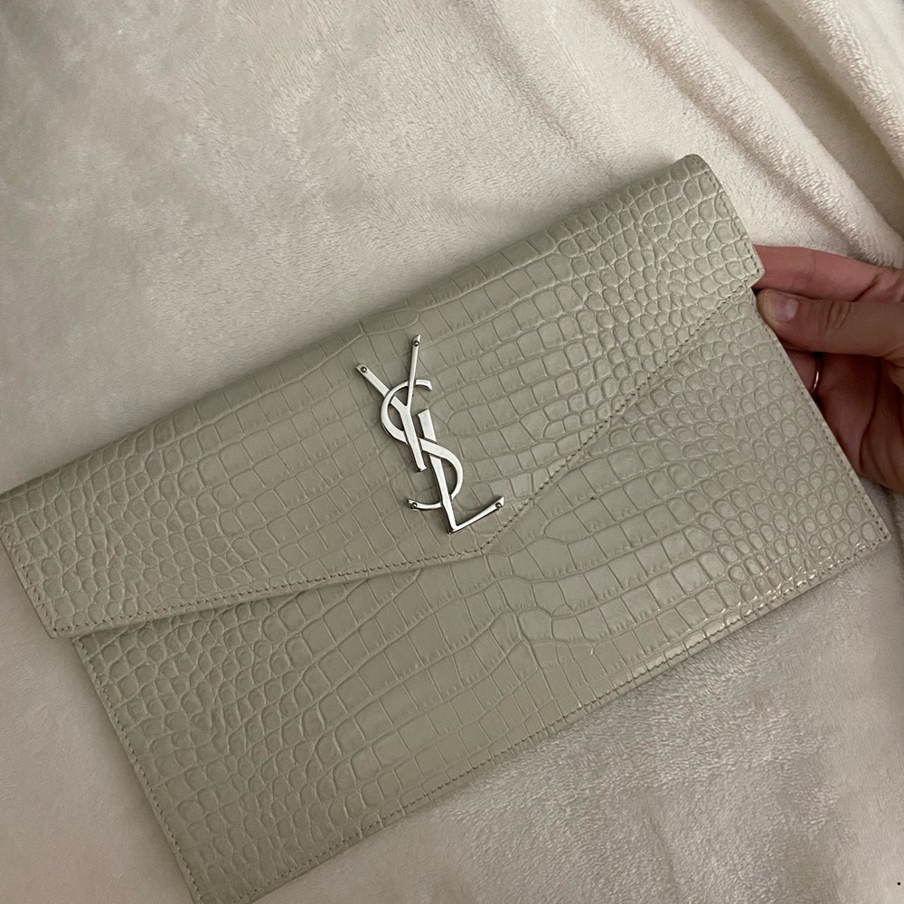 Yves Saint Laurent Cream Croc-Embossed Clutch